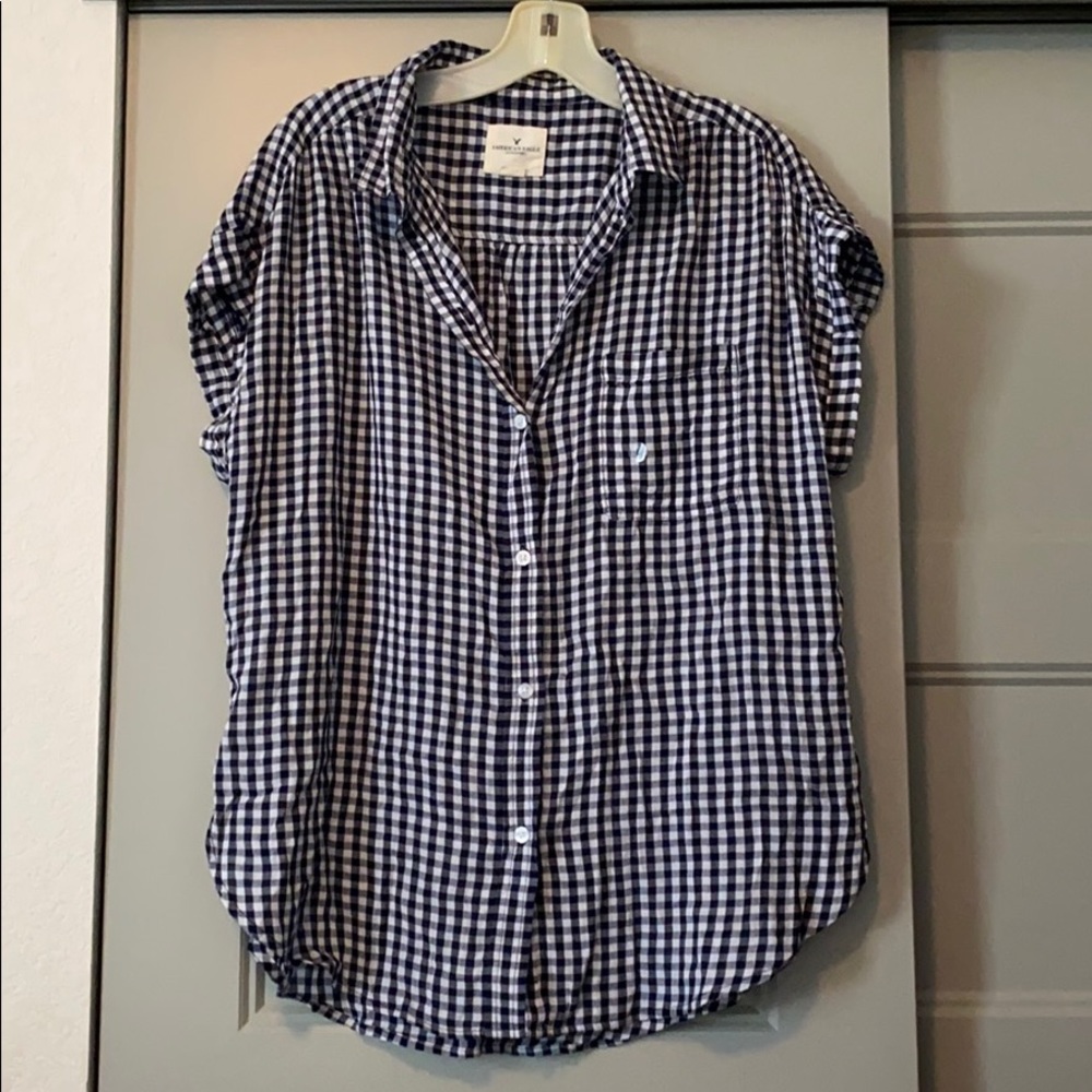 American Eagle check blue and white blouse